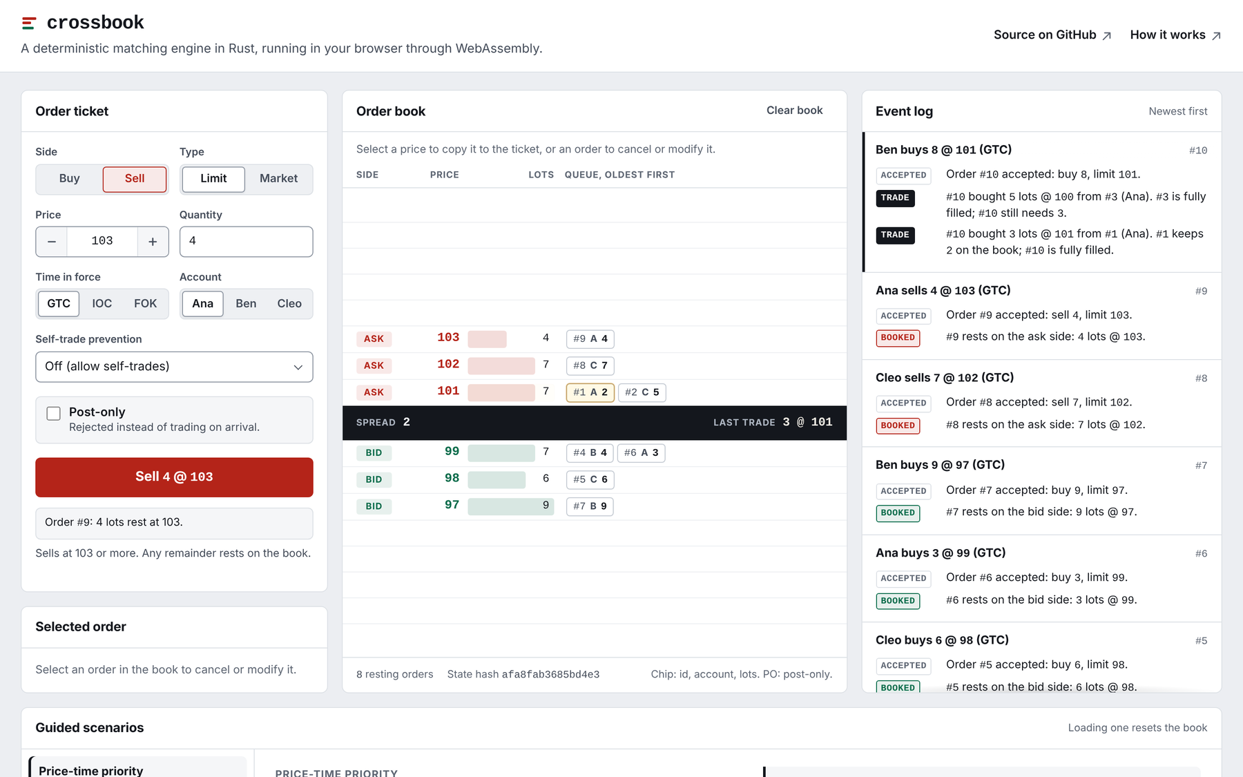 The crossbook playground: an order ticket, the order book with the queue at each price level, and the event log