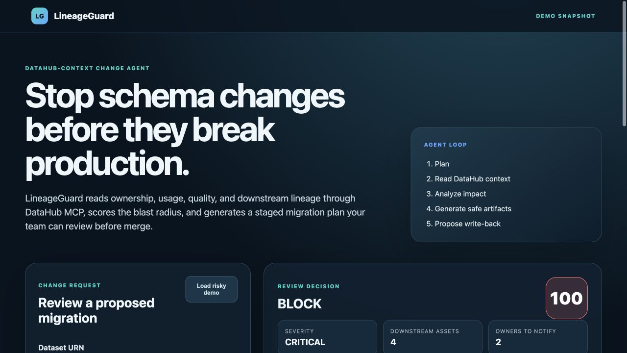 LineageGuard schema-change analysis interface showing the impact assessment of a risky change